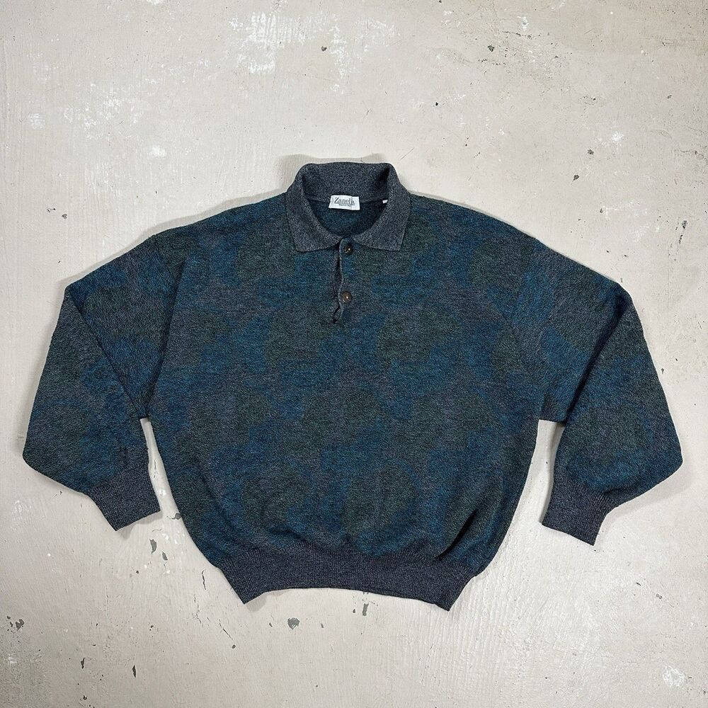 Zanella Italy Wool Sweater Heathered Blue Gray Size Large - Picture 1 of 8